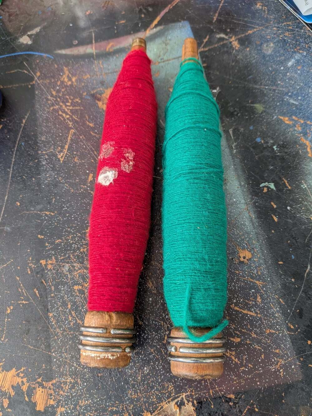 Vintage Wooden Textile Mill Bobbins with Red and Green Wool Thread